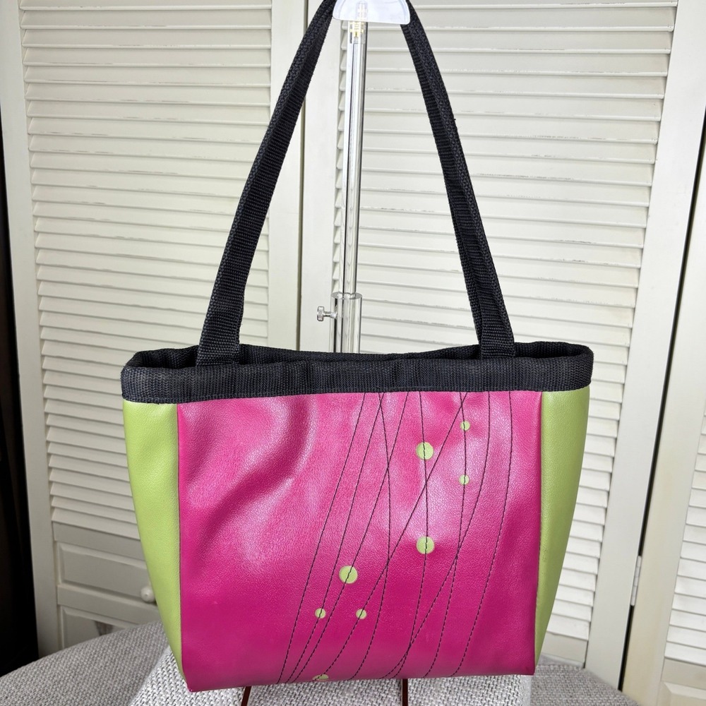 Holly Aiken Y2K Magenta Pink Green Dots Vinyl Tote Bag Geometric Topstitch Purse